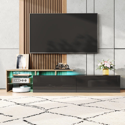 Modern TV Cabinet Design Stylish And Elegant, Practical Storage Space, Black And Wood Look, Glass Shelves, LED Lighting