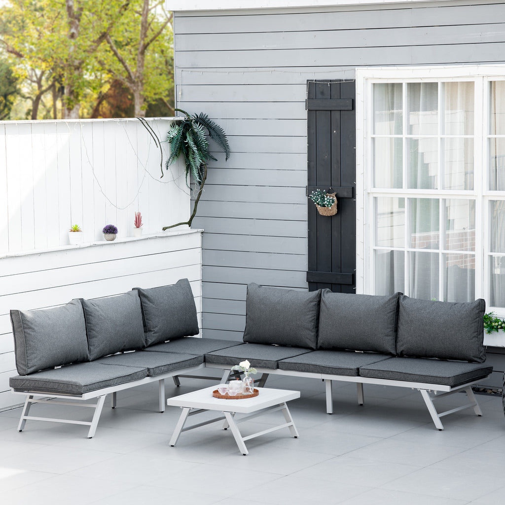 3 Pieces Garden Furniture Sets, 6 Seater Corner Sofa Set With Adjustable Backrest Chase Lounge With Slatted Metal Top Table, Padded Cushion, Grey