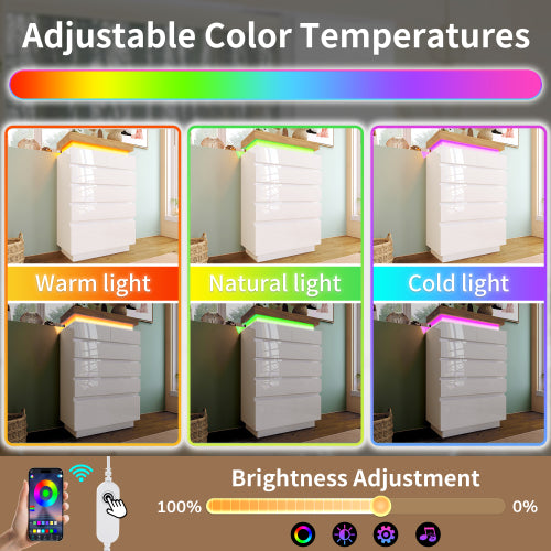 Chest Of Drawers,High-gloss Sideboard Cabinet With 6 Drawers,Storage With RGB LED App-controlled,Multi-purpose Cabinet For Living Room And Bedroom, 115 X 73 X 39 Cm, White