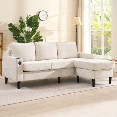 L-Shaped Couch Sofa, Corner Sofa 3 Seater Sofa, Sectional Sofa Couches With USB, Cup Holder, For Apartment Living Room Beige