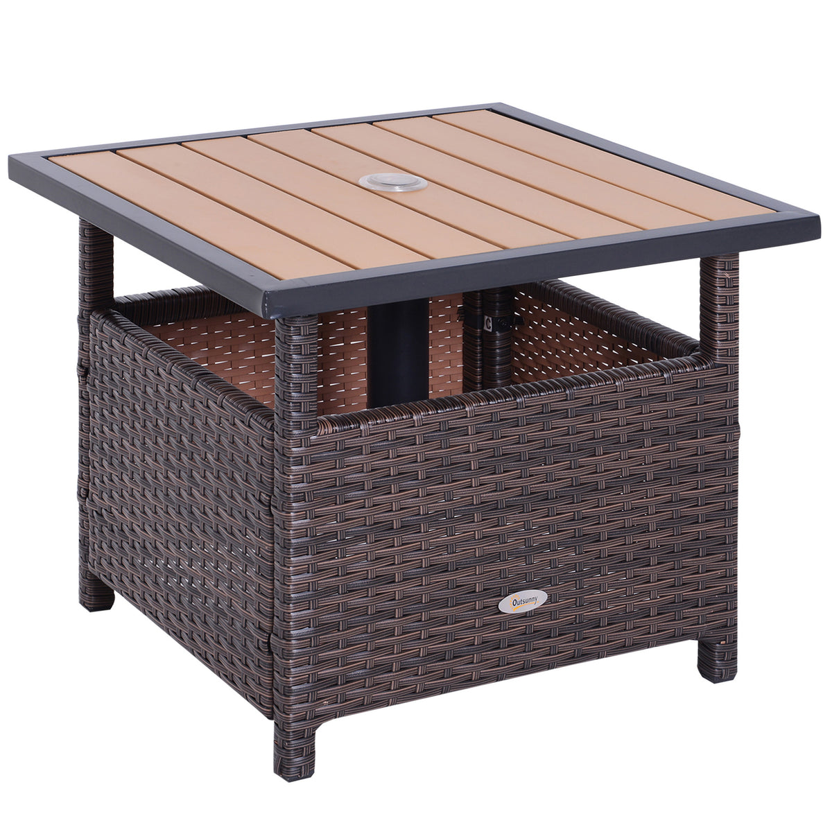 Rattan Wicker Outdoor Accent Table With Patio Umbrella Hole, Convenient For Garden