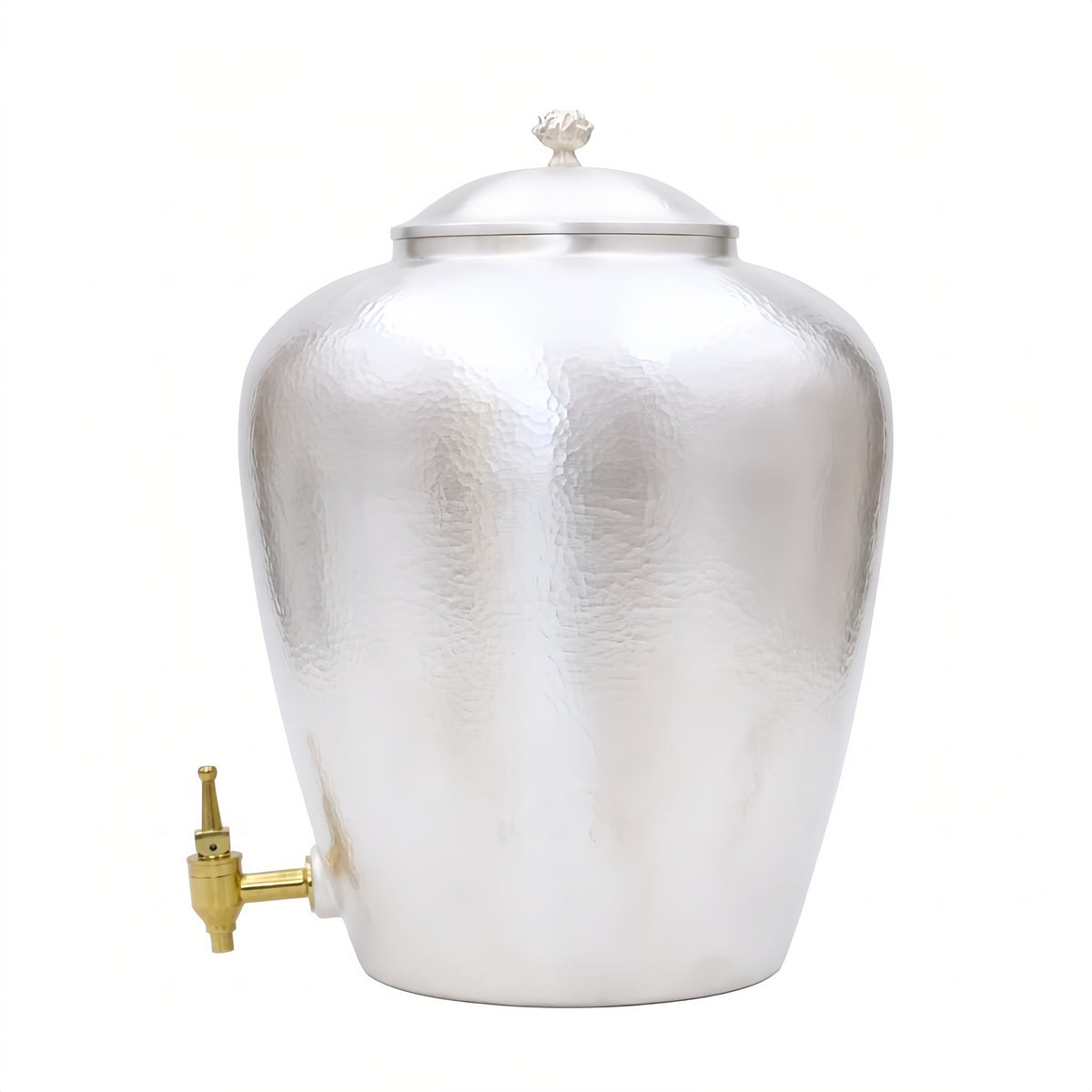 Pure 999 Fine Silver Hammered Silver Beverage Dispenser with Brass Tap and Decorative Lid - Handicraft