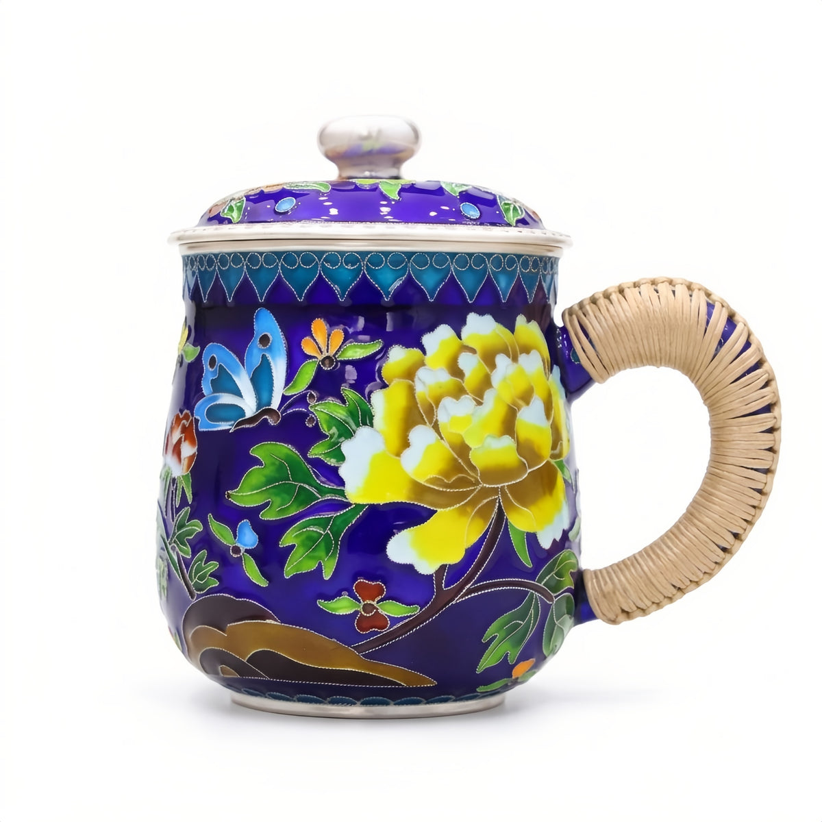 Pure 999 Fine Silver Handcrafted Cobalt Blue Cloisonné Enamel Mug with Butterfly Motifs and Woven Handle - Handicraft