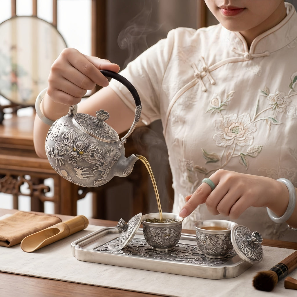 925 Sterling Silver Handcrafted Silver Tea Kettle with Exquisite Imperial Dragon Relief and Lotus Lid - Handicraft
