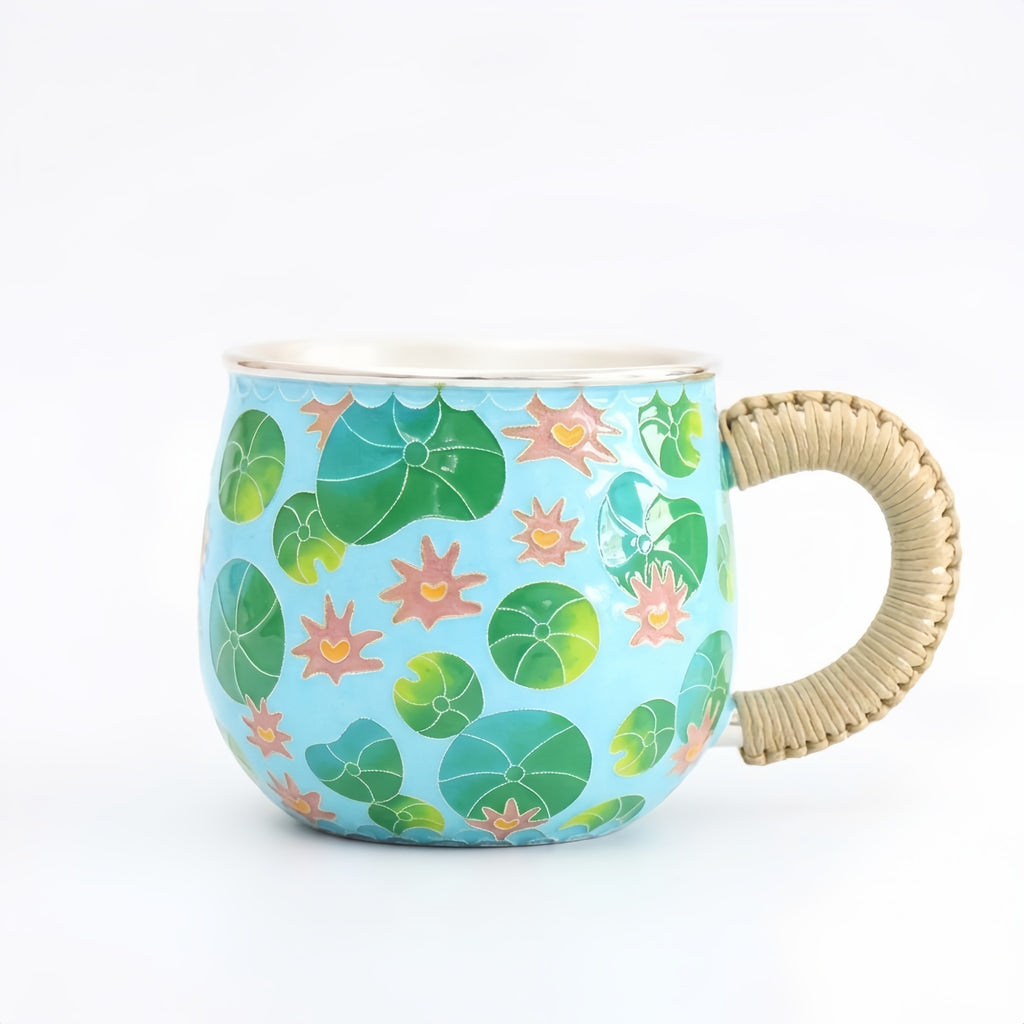 925 Sterling Silver Hand-Painted Light Blue Lily Pad Mug with Woven Wicker Handle - Handicraft