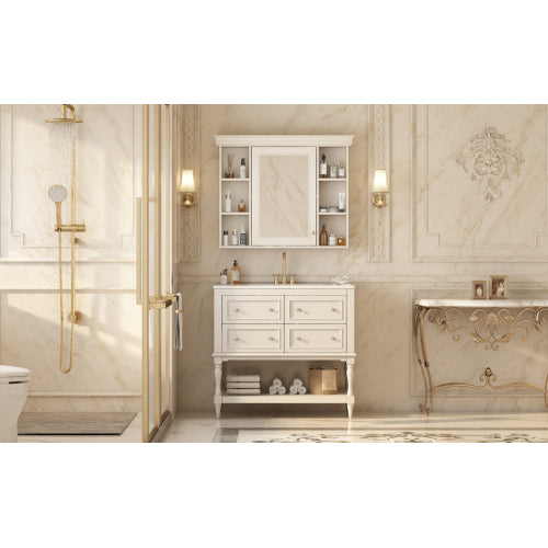 36'' Bathroom Vanity With Medicine Cabinet, Modern Mirror Cabinet With Adjustable Shelf, Bathroom Storage Cabinet With 4 Drawers, Solid Wood Frame Bathroom Storage Cabinet