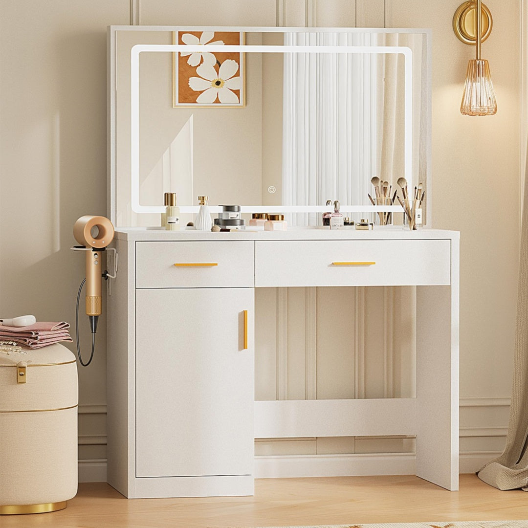 Mirror And Lights, Makeup Vanity Table With Charging Station , 2 Drawers & Large Cabinet, 3 Lighting Color Adjustable, Dressing Table