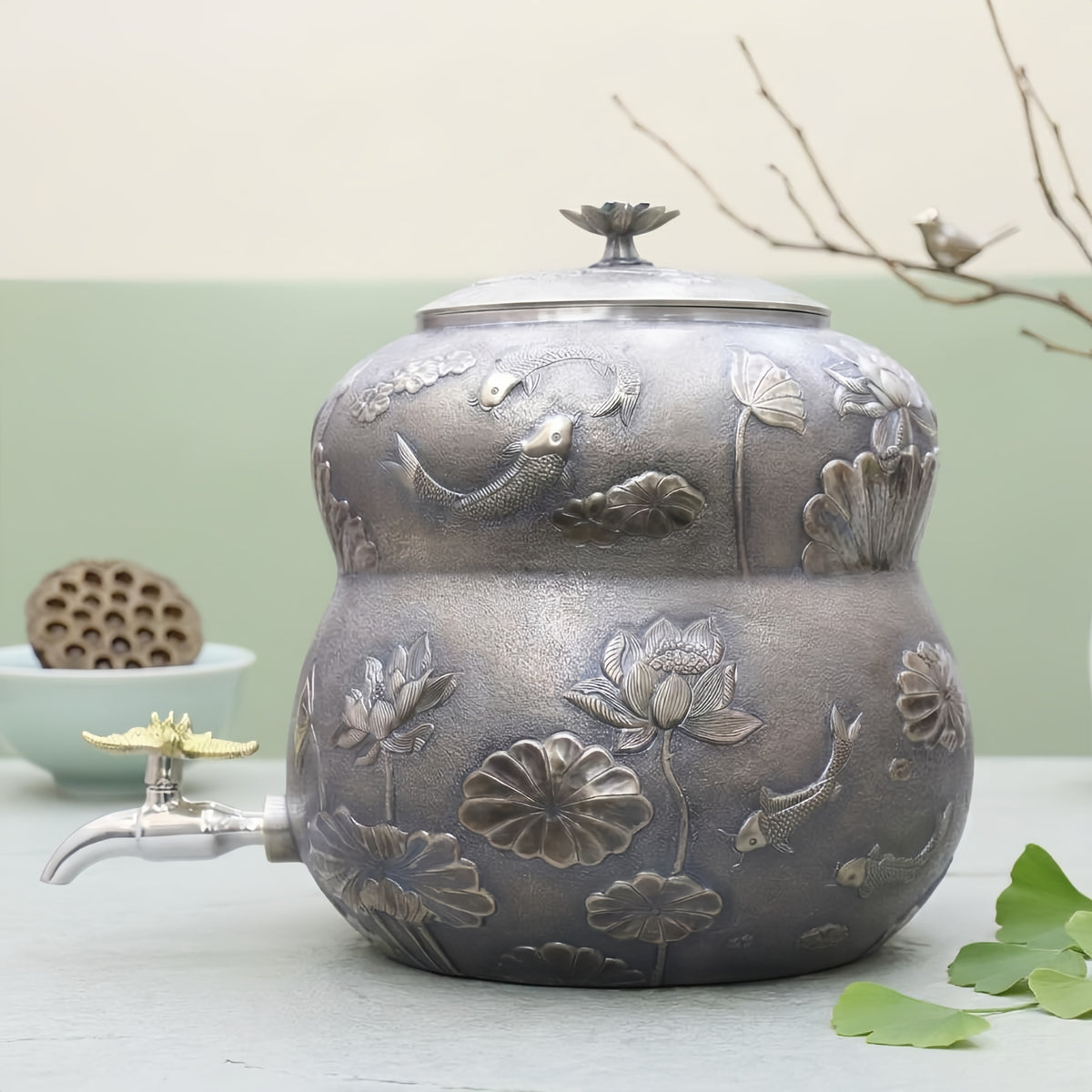 925 Sterling Silver Handcrafted Metallic Water Dispenser with Intricate Lotus and Koi Fish Relief Design - Handicraft