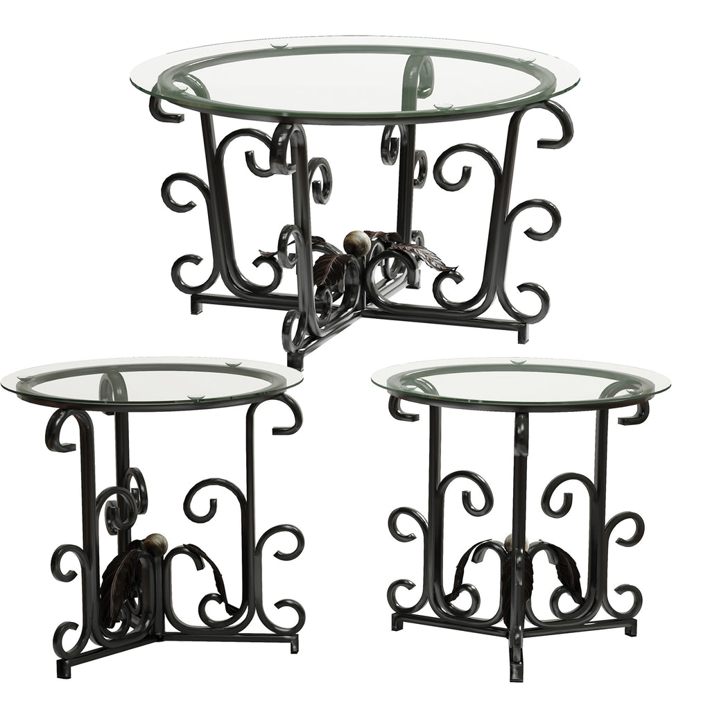 3-Piece Coffee Table Set, Tempered Glass Surface With Sturdy Metal Frame Modern Living Room Sets 1 Coffee Table & 2 End Tables
