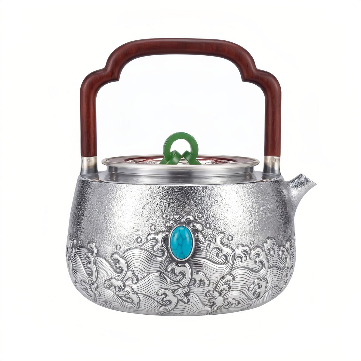 925 Sterling Silver Handcrafted Silver Teapot Featuring Turquoise Gemstone, Green Jade Lid Ring, and Rosewood Handle - Handicraft