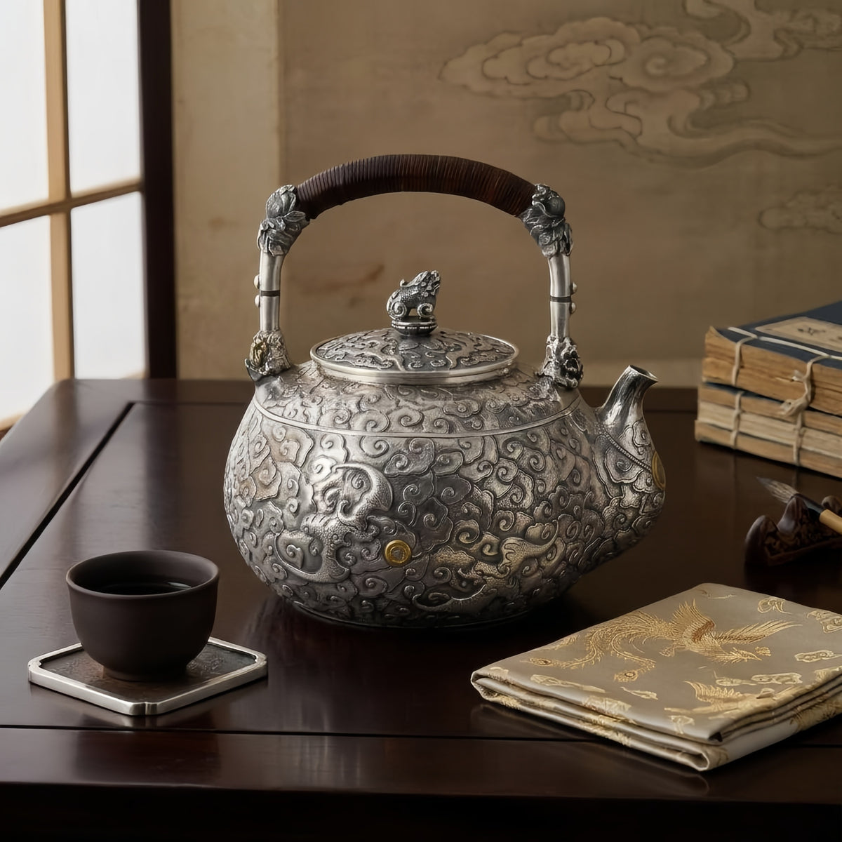 925 Sterling Silver **Antique Chinese  Teapot with Cloud Motifs and Wooden Handle**-Fine large teapot - Handicraft