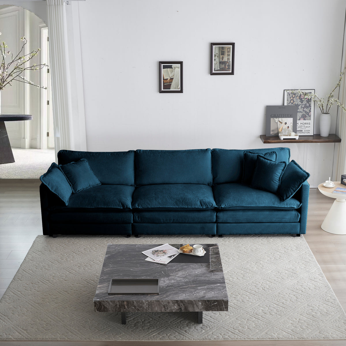 Mid-Century Modern Couch 3-Seater Sofa With 2 Armrest Pillows And 3 Toss Pillows, Couch For Living Room Blue Chenille