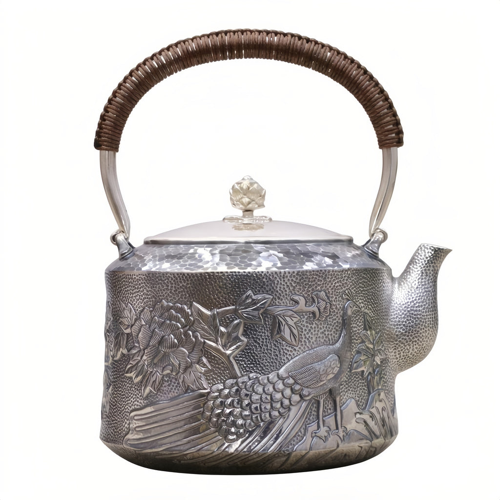 925 Sterling Silver Exquisite Handcrafted Silver Teapot with Intricate Peacock and Floral Relief - Handicraft