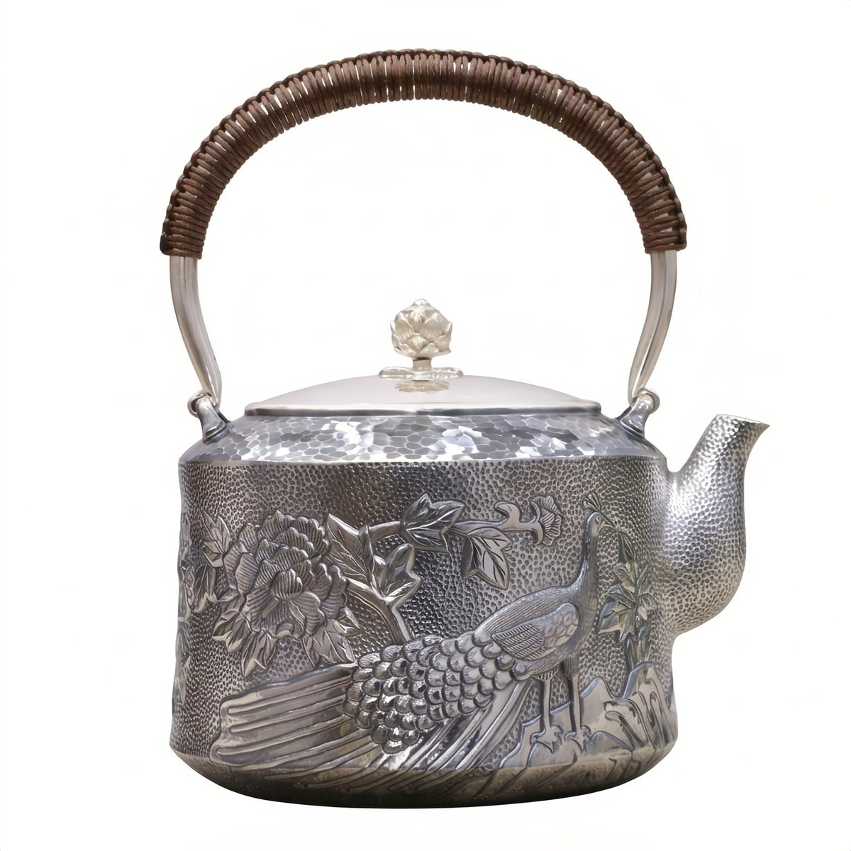 925 Sterling Silver Exquisite Handcrafted Silver Teapot with Intricate Peacock and Floral Relief - Handicraft