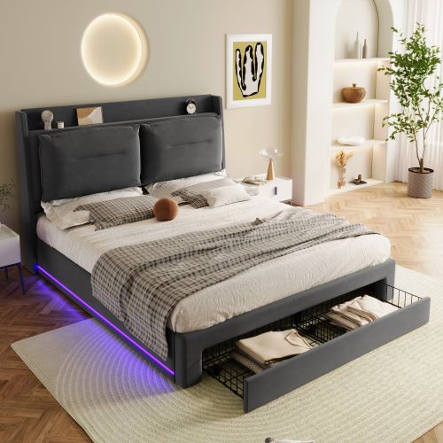 Upholstered Bed, 135x190  4ft6, Double Bed, Hydraulic Bed, 2-in-1 Storage Drawers At The End Of The Bed, Recessed LED Light Strips On Both Sides Of The Bed, Slatted Frame, Velvet,Dark Gray
