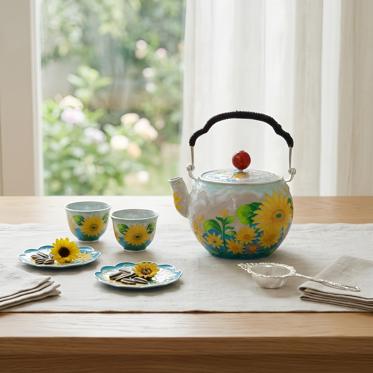 Pure 999 Fine Silver Handcrafted Floral Cloisonné Teapot with Vibrant Sunflowers and Decorative Red Lid Knob - Handicraft