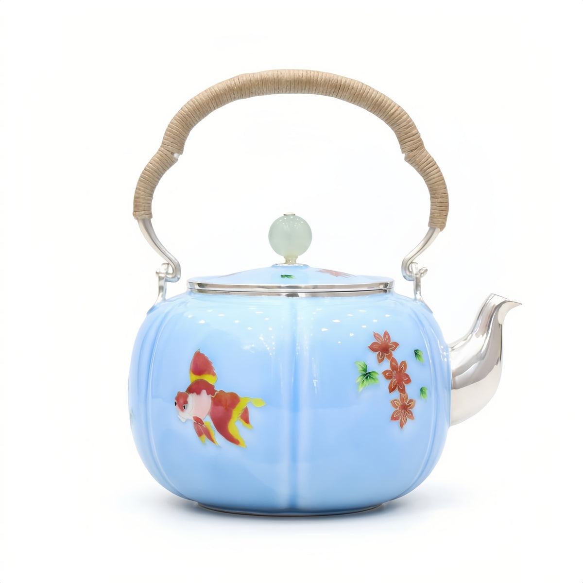 925 Sterling Silver Elegant Light Blue Ribbed Teapot with Painted Fish and Floral Accents - Handicraft