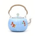925 Sterling Silver Elegant Light Blue Ribbed Teapot with Painted Fish and Floral Accents - Handicraft