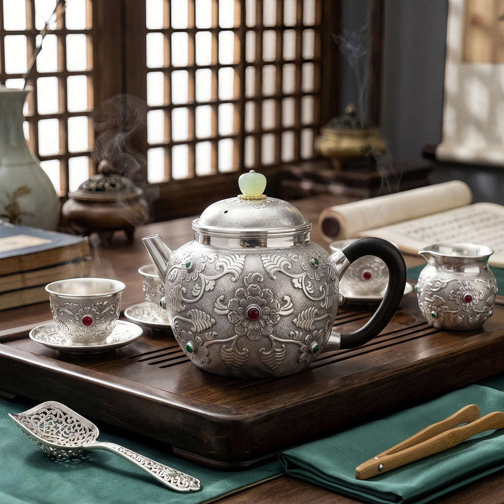 Pure 999 Fine Silver Ornate Handcrafted Silver Teapot with Floral Embossing and Vibrant Gemstone Accents - Handicraft