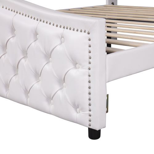 Upholstered Bed 135 X 190cm - Bed With Slatted Frame, 2 Drawers And Headboard With Pull Point Rivets - Wood & Faux Leather - White - Youth Bed Guest Bed