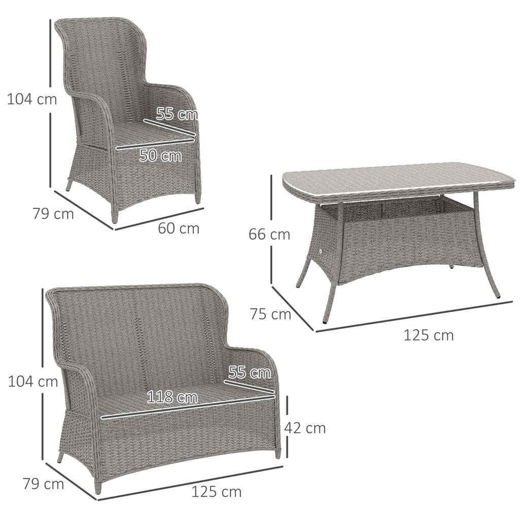 Garden PE Rattan Dining Sofa Set, Outdoor 4 Seater Wicker Furniture, High Back Chairs With Cushions, Tempered Glass Coffee Table For Patio, Light Grey