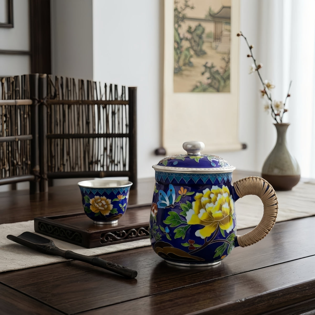 Pure 999 Fine Silver Handcrafted Cobalt Blue Cloisonné Enamel Mug with Butterfly Motifs and Woven Handle - Handicraft