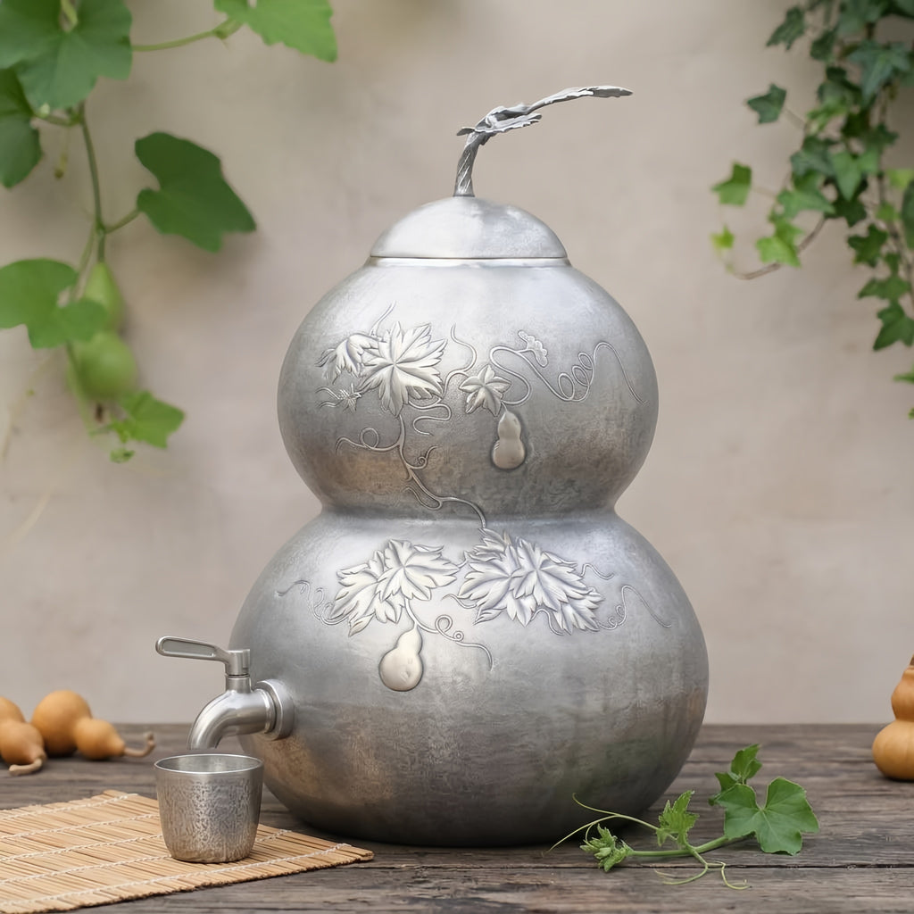 Pure 999 Fine Silver Elegant  Gourd-Shaped Vessel with Intricate Leaf and Vine Motifs-Premium gourd - Handicraft