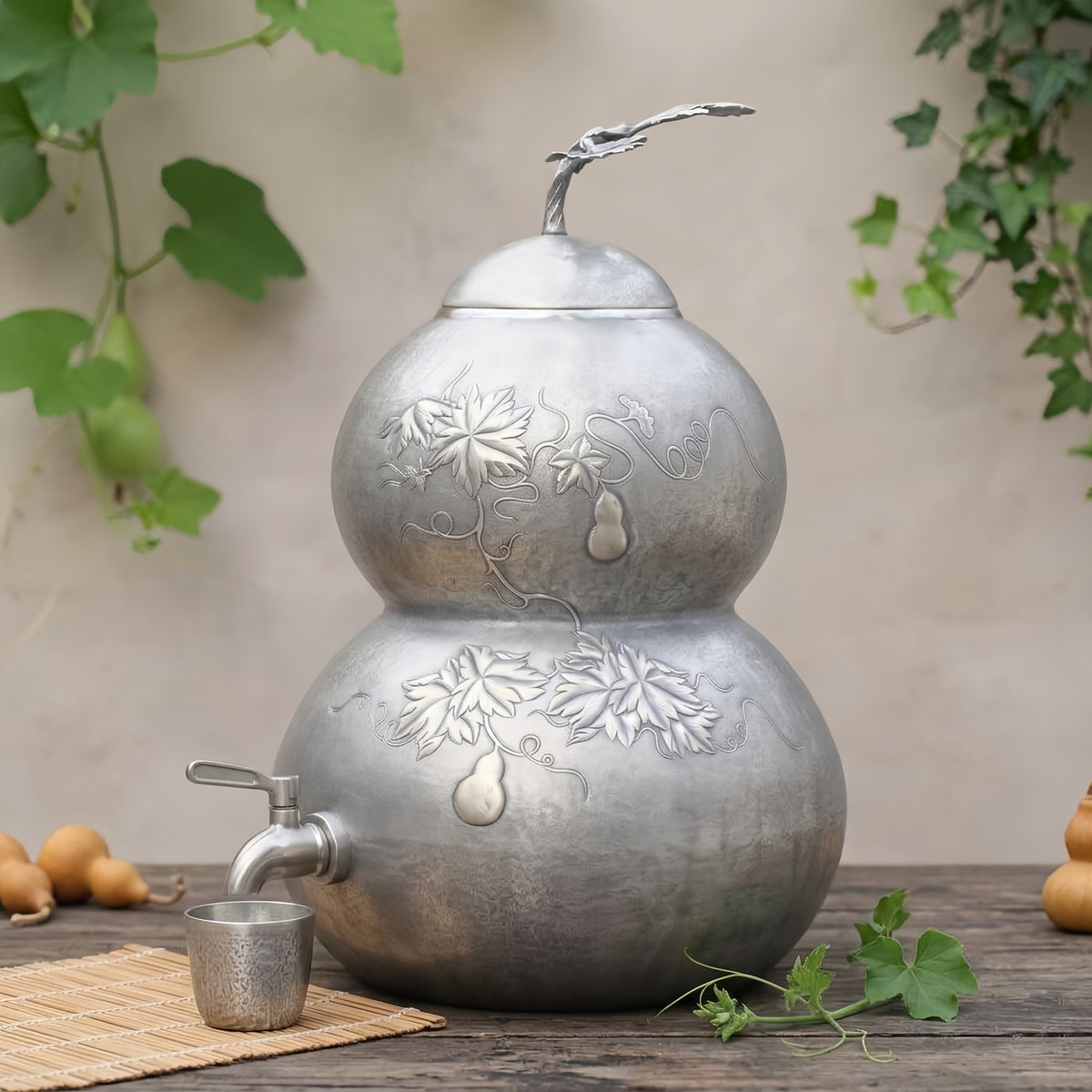Pure 999 Fine Silver Elegant  Gourd-Shaped Vessel with Intricate Leaf and Vine Motifs-Premium gourd - Handicraft
