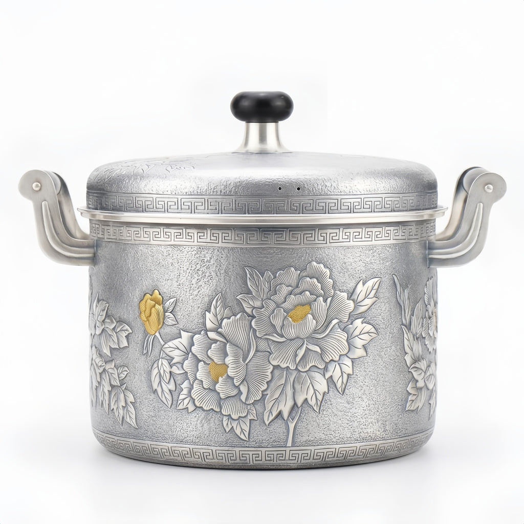 Pure 999 Fine Silver Exquisite Silver Toned Peony Embossed Pot with Intricate Floral Relief and Decorative Handles - Handicraft