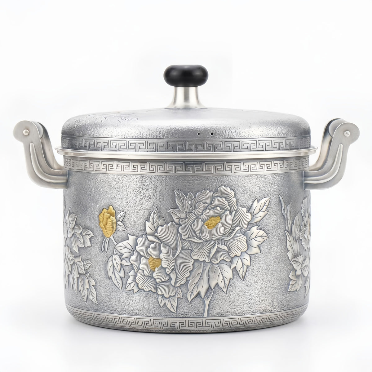 Pure 999 Fine Silver Exquisite Silver Toned Peony Embossed Pot with Intricate Floral Relief and Decorative Handles - Handicraft
