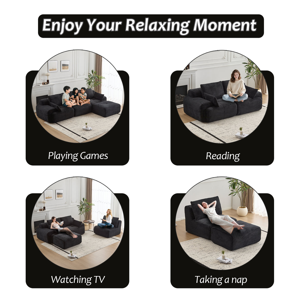 Modern Memory Foam Compressed Sofa,Large Sectional Couches For Living Room,Pet-Friendly Cloud Modular Sectional Sofa,Corduroy Fabric,Extra Deep Loveseat,No Assembly Required, Black