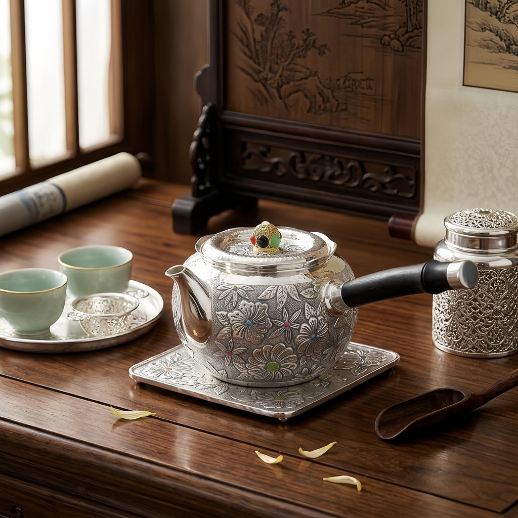 Pure 999 Fine Silver Elegant  Floral Teapot with Gemstone Accent-Fine side-handled teapot - Handicraft