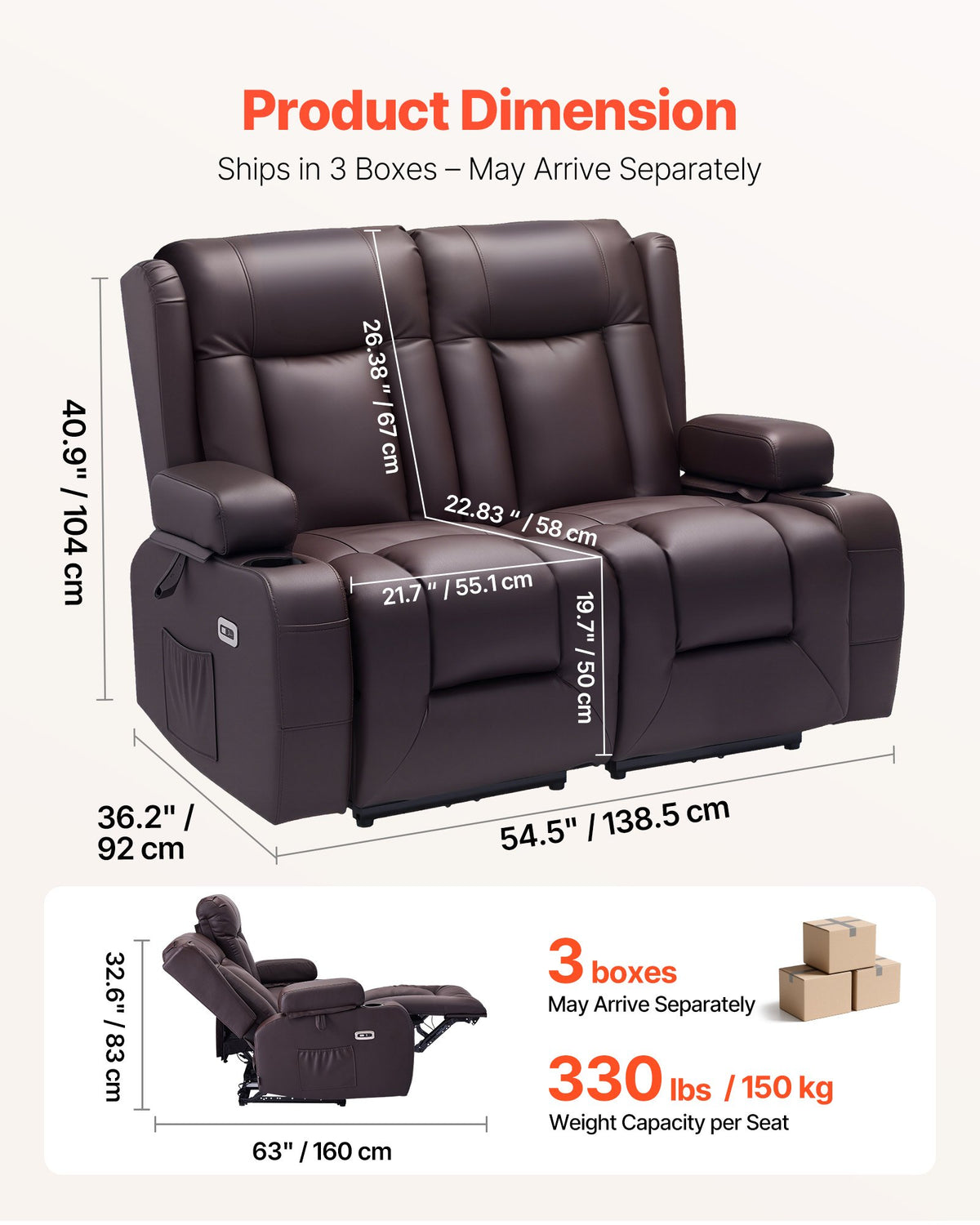 Loveseat Recliner Sofa, Power Reclining Couch With Heating & Massage And Timer, PU Leather Electric Recliner Sofa With USB Ports, Cup Holders And Side Bags, Dual Loveseat Chair For Living Room