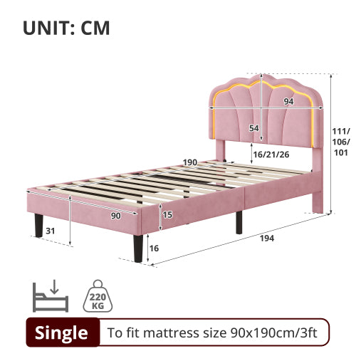 3ft Single Upholstered Bed With LED Adjustable Shell Shape Headboard, Soft Velvet Bed Frame With Solid Wood Slat, No Box Spring Needed, Easy Assembly, Cream White No Mattress