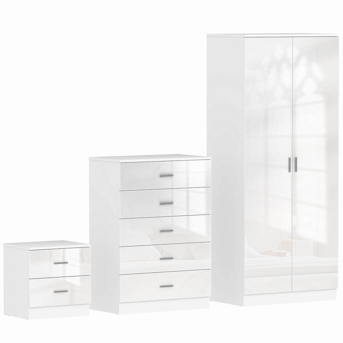 High Gloss 3 Piece Trio Bedroom Furniture Set Wardrobe + Chest Of Drawer + Bedside White