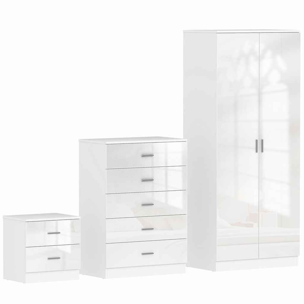 High Gloss 3 Piece Trio Bedroom Furniture Set Wardrobe + Chest Of Drawer + Bedside White