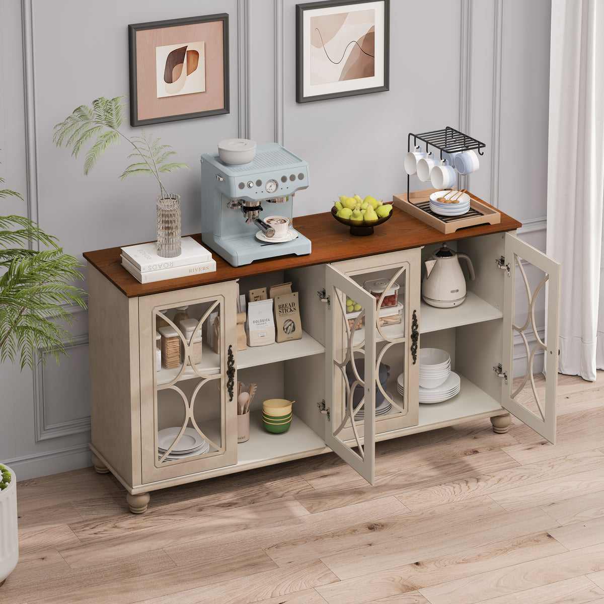 Elegant European Antique Style 4-Door Cabinet With Tempered Glass Doors,for Dining Room,Living Room,Hallway,Easy Assembly,Beige