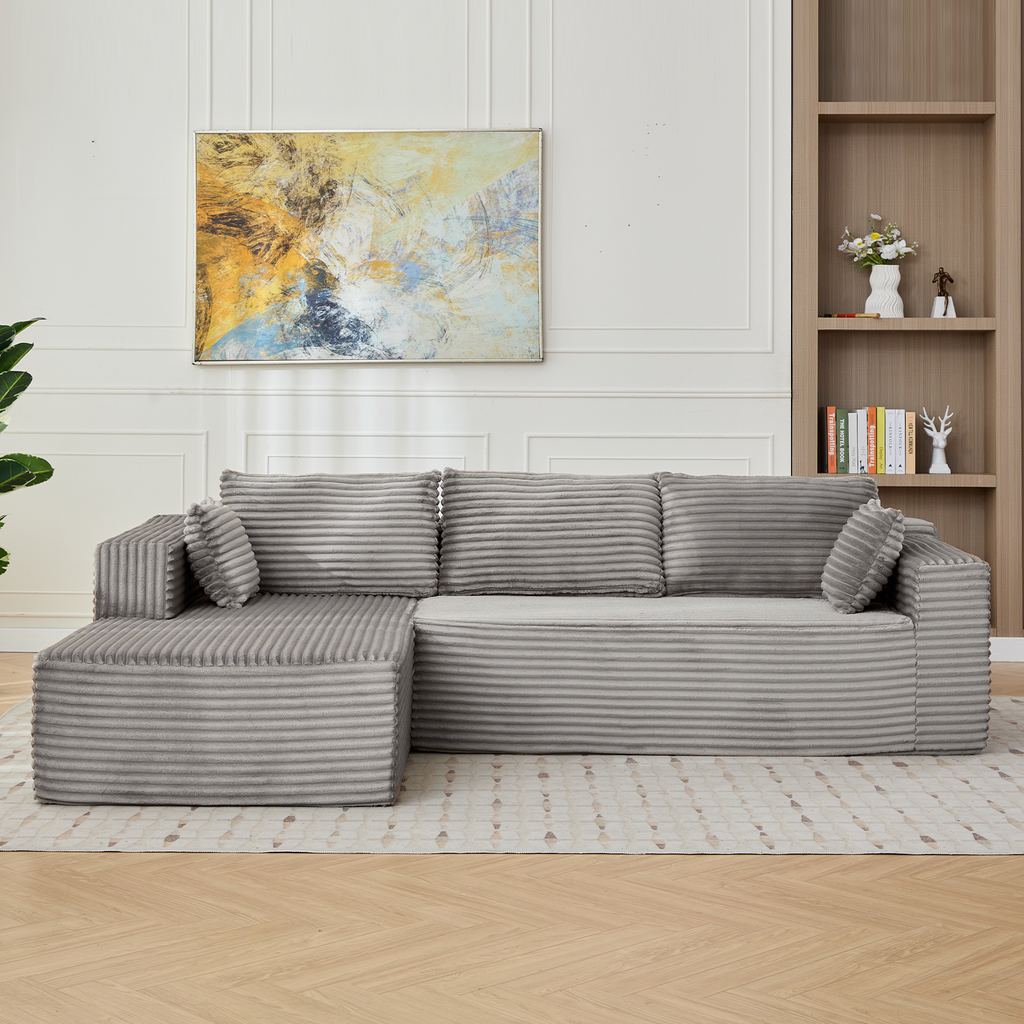 Compression Sectional Couch With Comfy Chaise, Boneless L Shape Sofa With Deep Seat, Minimalist Modular Couches Sleeper For Living Room Bedroom Apartment Lounge,corduroy,Grey