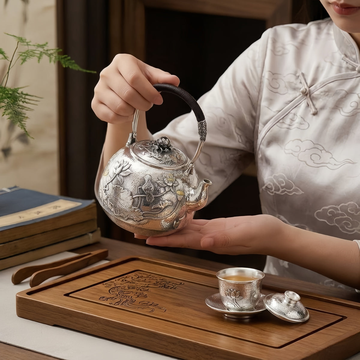 925 Sterling Silver Artisanal Silver Teapot Featuring Intricate Lotus Pond Engravings and Hammered Texture - Handicraft