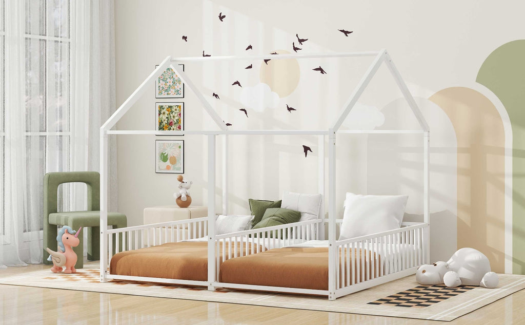 Metal Twin Size House Platform Beds, Two Shared Beds, White