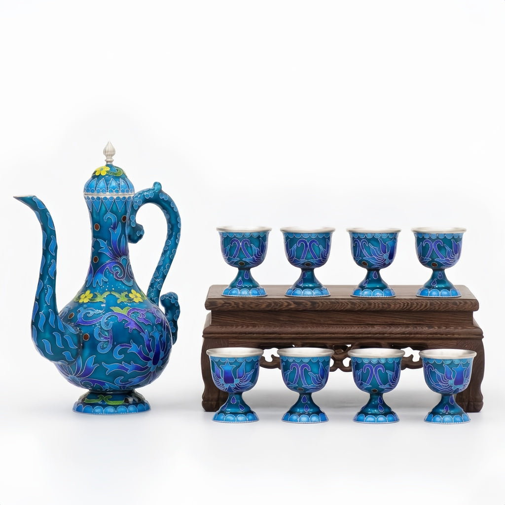 925 Sterling Silver Blue Cloisonné Enamel Teapot and Eight Cups Set on Wooden Stand - Handicraft