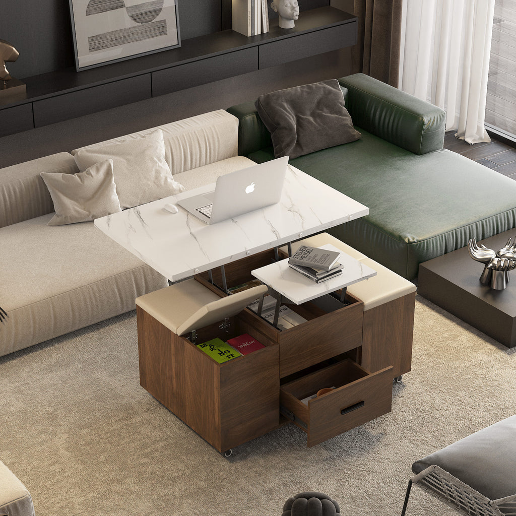 Modern Lift-Up Coffee Table With 4 Stools Set For Living Room Expandable 1 Hidden Storage 2 Drawers Space Saving Folding Dining Table