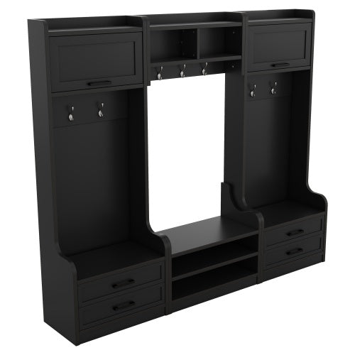 4-in-1 Detachable Hall Tree With Storage And 7 Hooks, Multiple Functions Hallway Coat Rack With Storage Drawers And Cabinet, Black Shoe Bench For Entryway Hallway