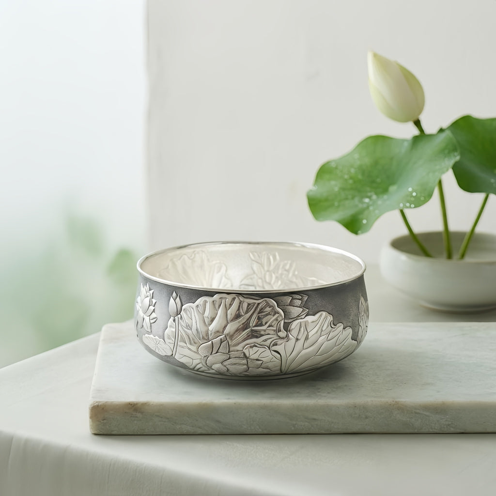 925 Sterling Silver Elegant Handcrafted Silver Lotus Relief Decorative Bowl - Handicraft