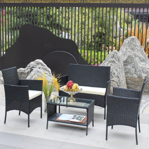 4 PC Rattan Patio Furniture Set Outdoor Patio Cushioned Seat Wicker Sofa Beige Cushion