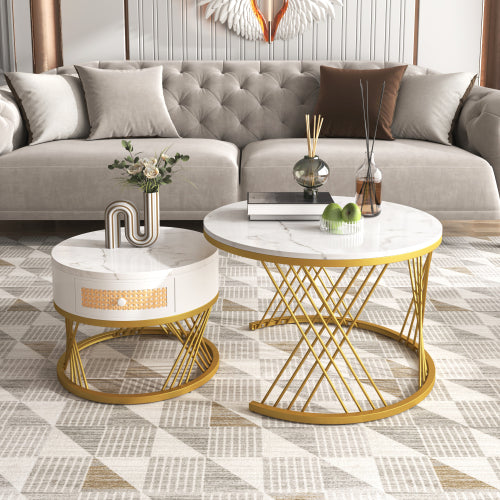 2 In 1 Round Coffee Table Made Of MDF With Marble Grain Veneer Top, Rattan Drawers And Solid Wood Handles. Gold Coloured Iron Legs. 70x70x45.5  50x50x38.5cm