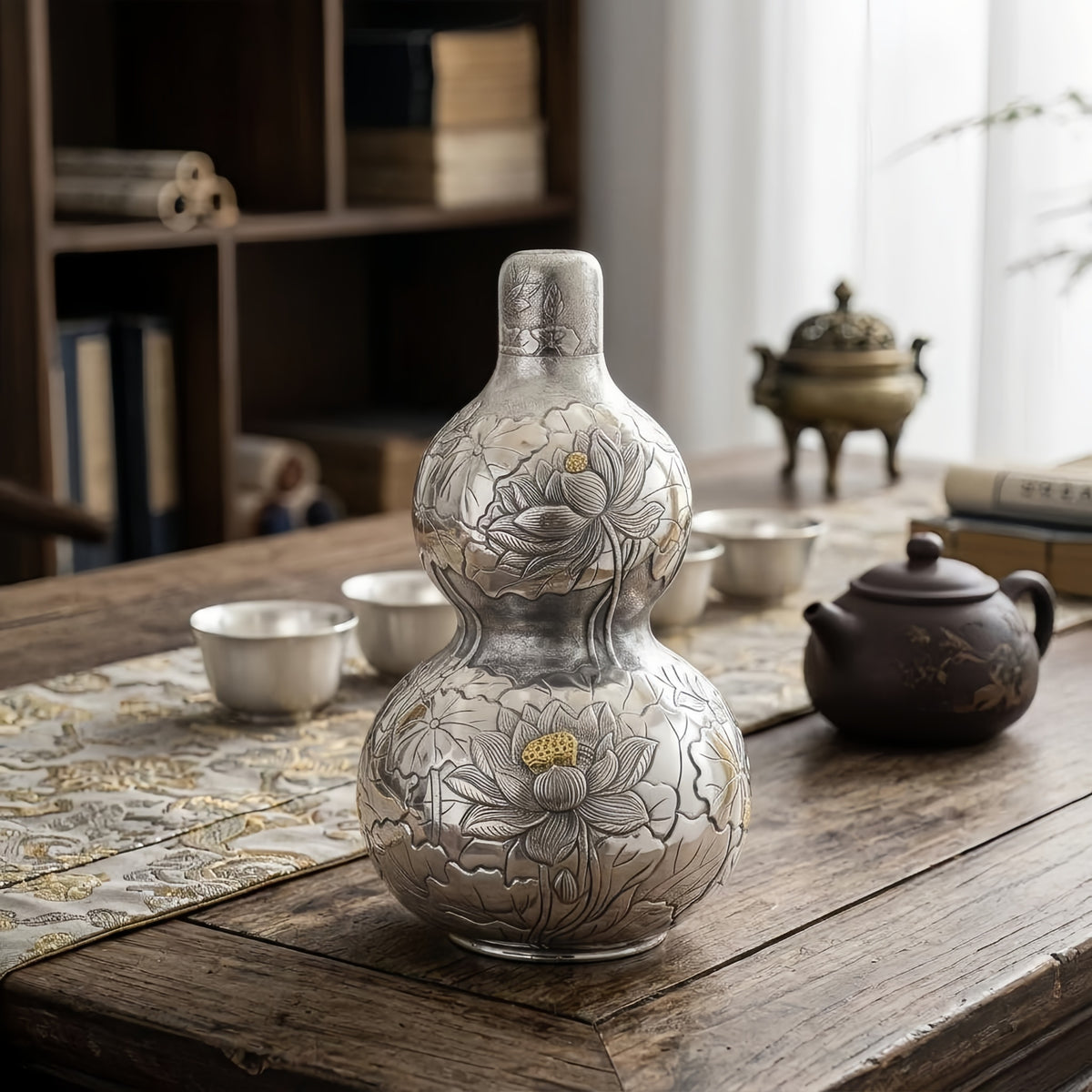 Pure 999 Fine Silver Exquisite Hand-Engraved Silver Double Gourd Vase Featuring Detailed Lotus Motifs - Handicraft