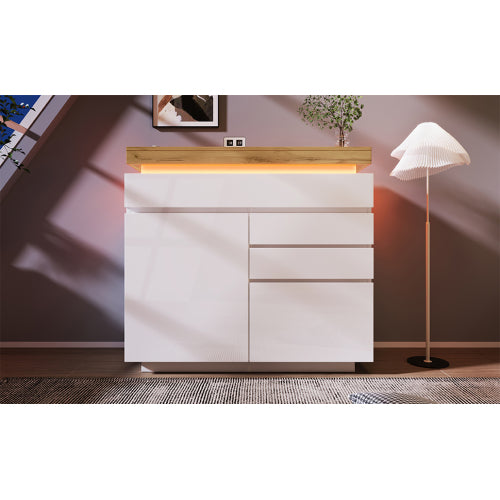 Chest Of Drawers,High-gloss Sideboard Cabinet With 2 Doors And 3 Drawers,Storage With RGB LED App-controlled,Multi-purpose Cabinet For Living Room And Bedroom, 115 X 110 X 39 Cm, White