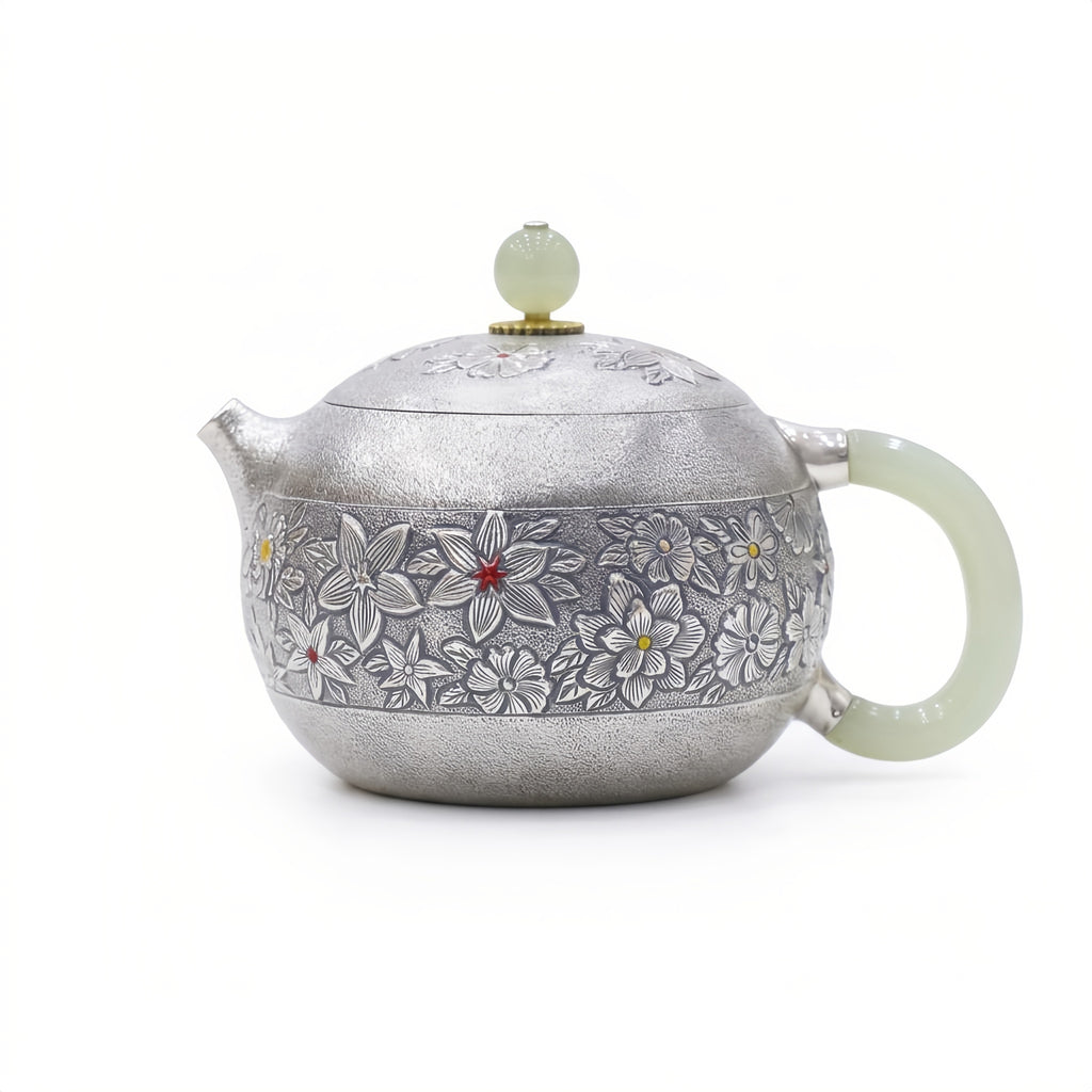 Pure 999 Fine Silver Handcrafted Silver Floral Teapot with Green Jade Accents and Intricate Metalwork - Handicraft