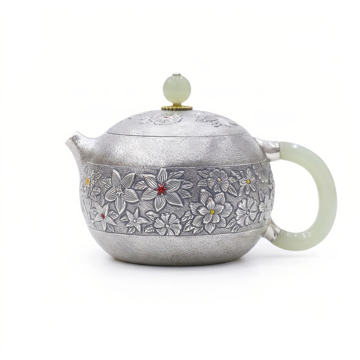 Pure 999 Fine Silver Handcrafted Silver Floral Teapot with Green Jade Accents and Intricate Metalwork - Handicraft